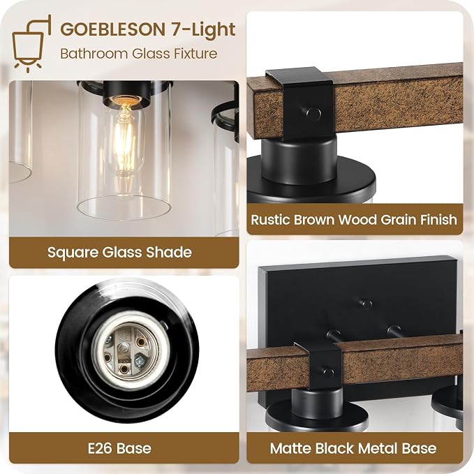 7-Light Bathroom Light Fixture, Farmhouse Vanity Lights for Bathroom with Glass Shade, Rustic Bathroom Light Fixtures, E26 Base F16BD05