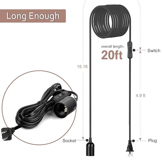 JACKYLED 1 Pack UL-Listed 20Ft Extension Hanging Lantern Cord Cable 360W with E26 E27 Socket On/Off Button Pendant Lighting Black