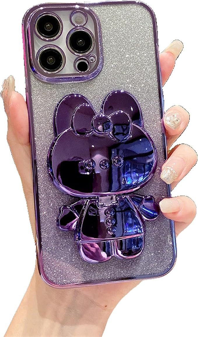 Kawaii Phone Case for iPhone 15 with Cartoon Foldable Makeup Mirror Silicone Protective Case Cover for Women & Girl Purple