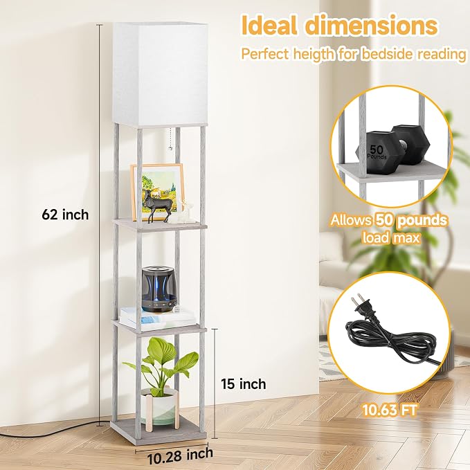 SHINE HAI Floor Lamp with Shelves, 3-Tier Square Modern Shelf Lamp | 3CCT Bright Bulb Included, Tall Standing Lamps for Living Room Bedroom Office