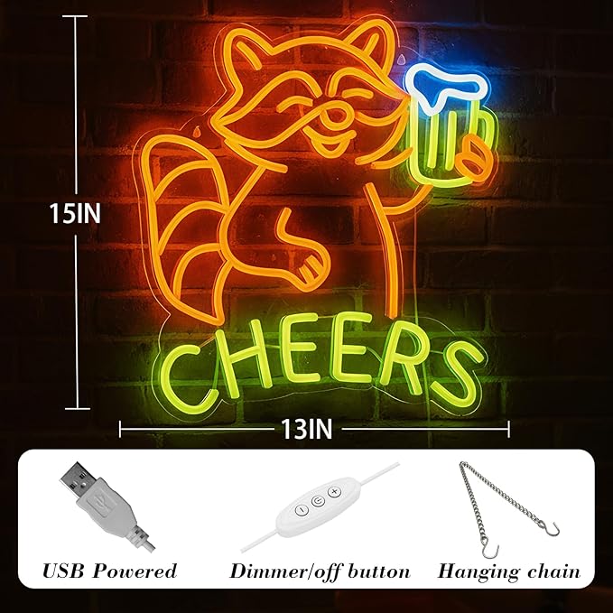 Raccoon Beer Neon Sign, Fun Animal LED Light for Bar Wall Decor, Dimmable Neon Sign for Man Cave, Bedroom, Game Room, or Home Bar, 15 x 13 inch