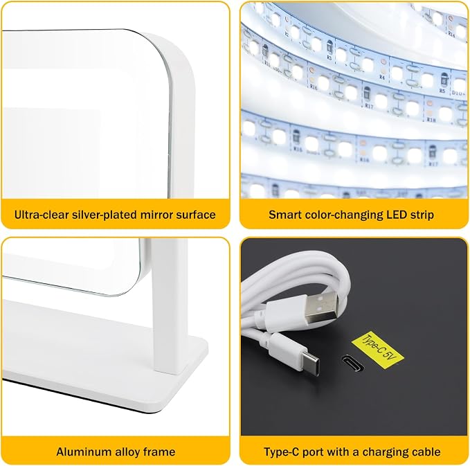 Rechargeable Vanity Mirror with Lights, 3000mAH Battery, 15"×12.2" LED Makeup Mirror, 10X Magnification, Smart Touch with 3-Color Lighting, 360° Rotation, Lighted Up for Makeup Desk, Bedroom (White)