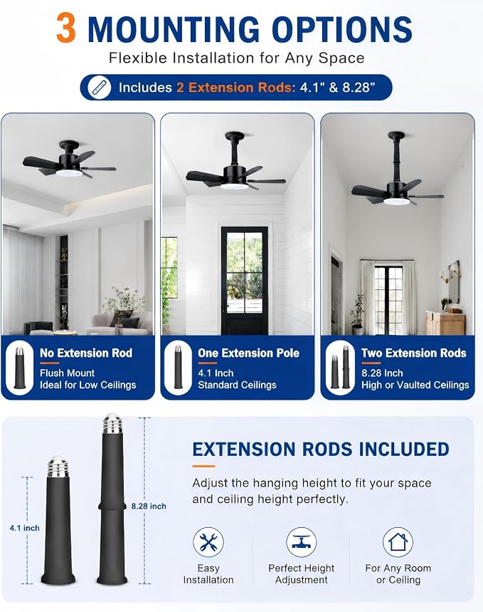 Ceiling Fan with Light, 17'' Flush Mount Low Profile Fan for Bedroom &Patio | Quiet Reversible DC Motor, 6-Speed, 3-Color Temp Dimmable LED Light with Remote & Timer, Indoor Small Ceiling Fan Black
