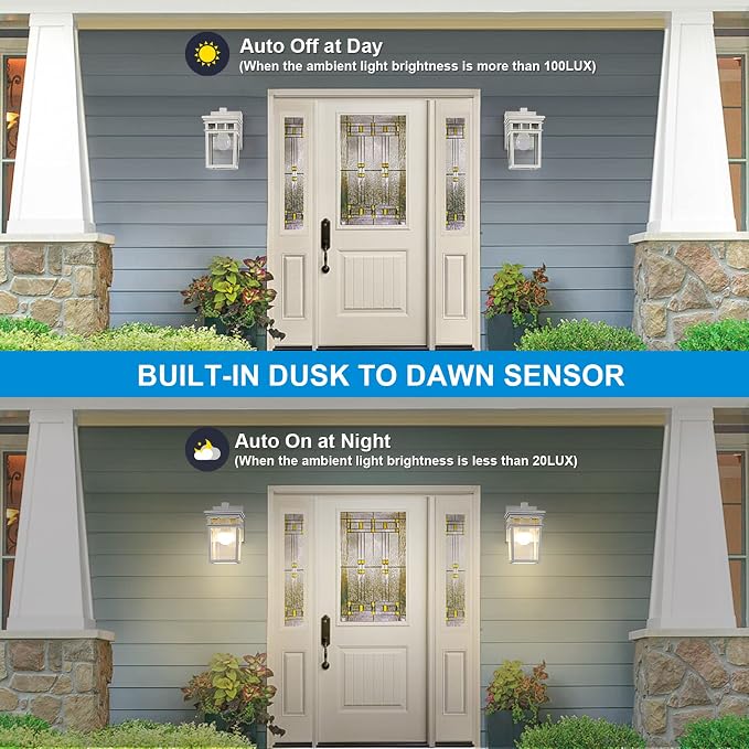 Outdoor Porch Light, Dusk to Dawn Outdoor Wall Lantern with GFCI Outlet | White Waterproof Anti-Rust Exterior Light Fixture with LED Bulb, Outside Sconce Lights for House Garage Patio