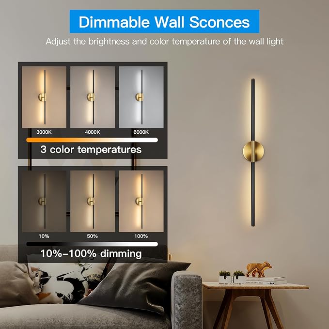 Battery Operated Wall Sconces Set of Two, Wireless Wall Sconces 31.5 Inch | Rechargeable, Remote Control, Dimmable, 360°Rotate, Cordless Wall Light Decor for Living Room, Hallway, Timing, Black Gold