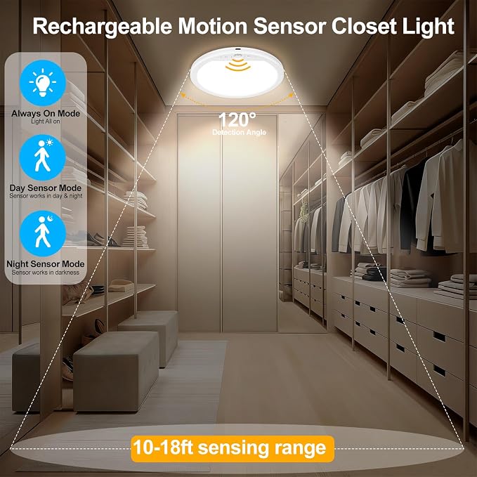 Rechargeable Motion Sensor Ceiling Light with Remote,Round,2 Pack