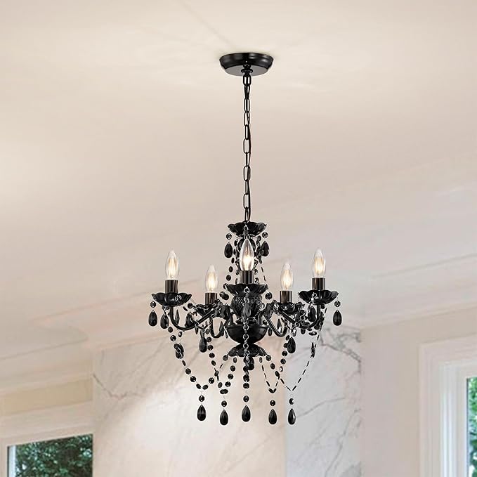 Black Small Crystal Chandelier, 5-Light Acrylic Chandelier Lighting Fixture for Bedroom, Closet, Dining Room, Entryway Ceiling Light