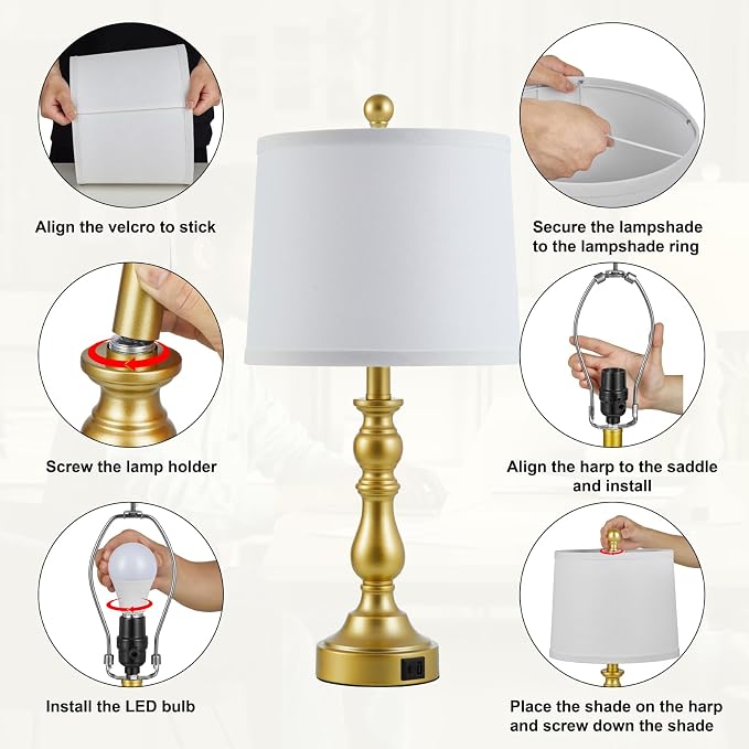 Farmhouse Side Table Lamps for Living Room Set of 2 with USB C+A Ports, Bedside Lamp for Bedroom, Dining Room Decor, Office, End Table, Knob Switch, 3 Color Temperatures, Bulb Included, Gold