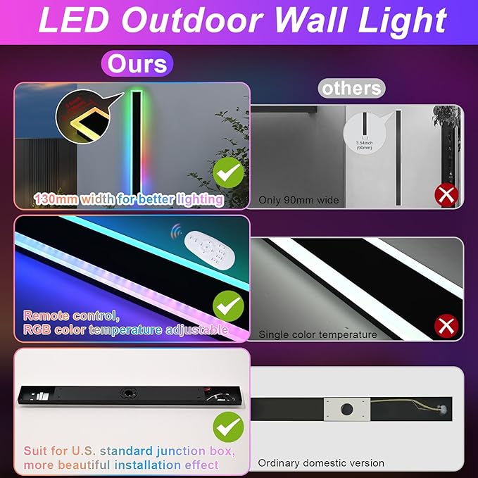 Outdoor Modern Wall Lights for Porch,2 Pack RGB Long Outdoor LED Wall Lights,48 inch Long Linear Outside Light Fixture,Dimmable Outside Wall Light for House,Enterway,Garage with Control Remote