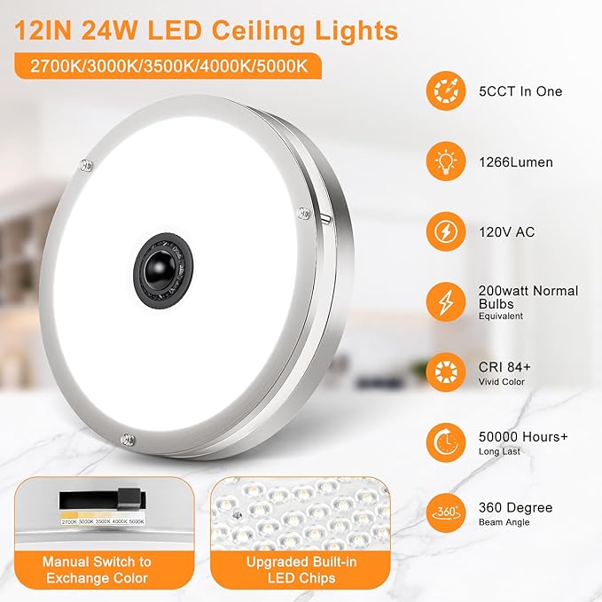 24W LED Motion Sensor Outdoor Ceiling Light, 12IN 2700K/3000K/3500K/4000K/5000K Adjustable Ceiling Lights, Dusk to Dawn Flush Mount LED Ceiling Light Fixture for Porch, Garage, Nickel, 2 Pack