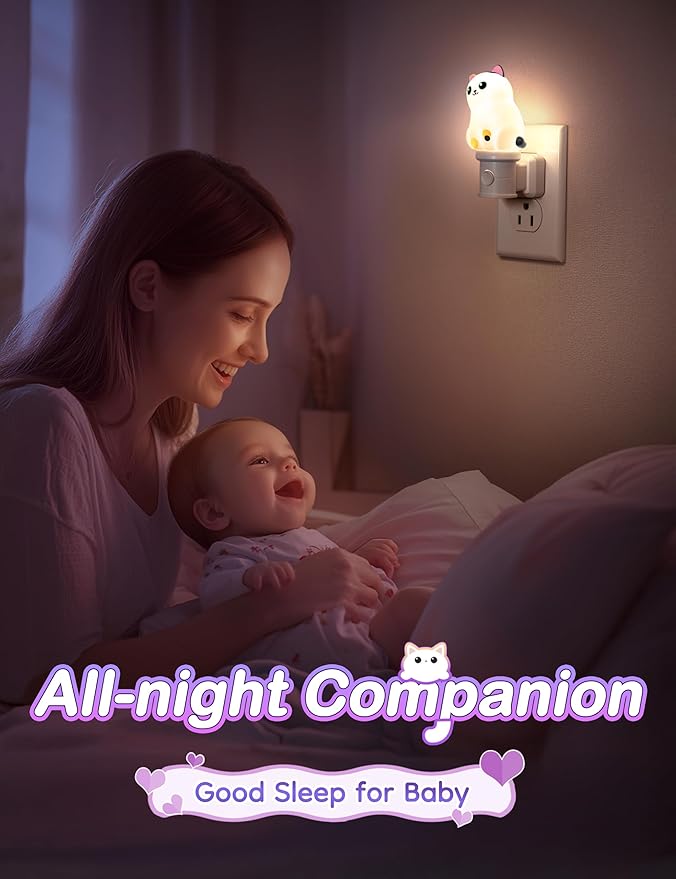 KINDEEP Night Light for Kid: Cute Cat Animal Nightlights Plug in Wall, RGB & Soft White 3000K with Dusk to Dawn Sensor, 3D Dim Night Light for Baby Nursery Room Bedroom Decor, 2 Pack Calico Cat
