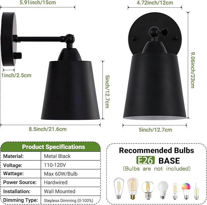 Dimmable Wall Sconces Set of Two, Bedside Wall Mount Lamp with Rotary Switch, Black Bathroom Vanity Lights with Metal Shade, Hardwired Swing Arm Wall Lights for Bedroom Living Room Hallway