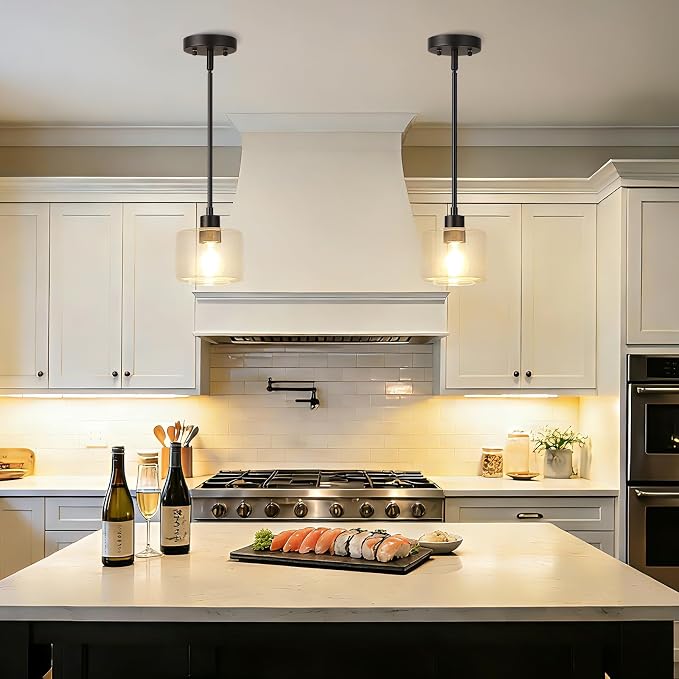 Black Pendant Lights Kitchen Island 2 Pack, Modern Clear Glass Hanging Light Fixtures with Rods, Mini Kitchen Pendant Lighting Over Island for Sink Bathroom, OS-YQ8153-2PBKC