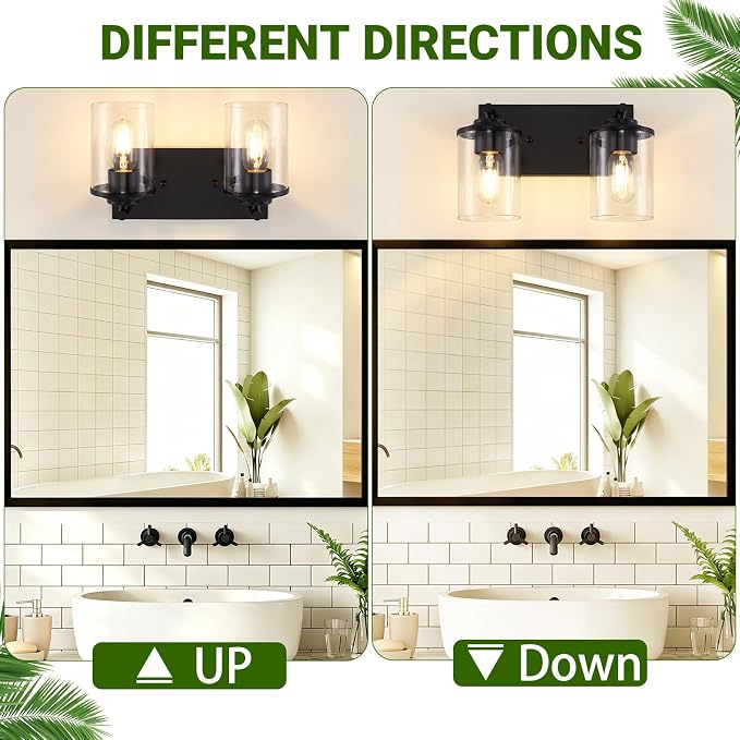 2-Light Black Bathroom Vanity Light, Modern Bathroom Lighting Fixtures with Clear Glass Shade, Bathroom Wall Mounted Lamps for Mirror, Living Room, Bedroom, E26 Socket