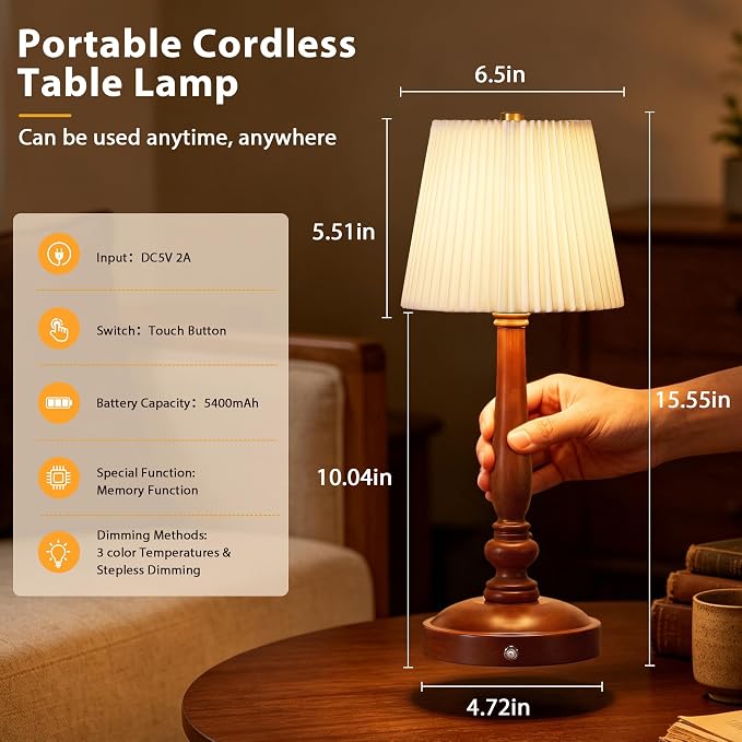 15.5'' Wireless Table Lamp, 5400mAh Rechargeable Small Bedside Lamp, White | Wood Base, Fabric Lampshade, Built-in LED, 3 CCT, Stepless Dimming, Memory Function, Nightstand Lamp for Bedroom, Living Room