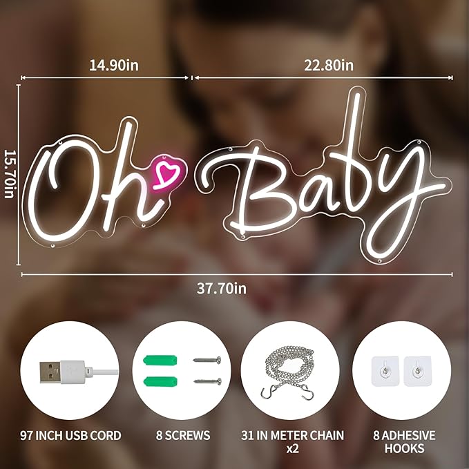 37.7x15.7inch Large Oh Baby Neon Sign for Backdrop-Dimmable LED Light Up Sign for Backdrop & Wall Decor,Gender Reveal, Baby Showe, Bedroom, Nursery