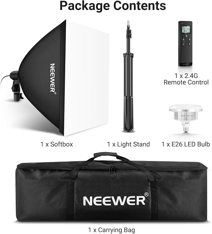NEEWER 24"x24" Softbox Lighting Kit with Tripod Stand, 45W Bi Color 2.4G LED Bulb, 66' Remote Control 10 Channels 2900K-7000K 1400lx/1m CRI95 Studio Photography Video Recording Continuous Light, NK104 | 45W Bi Color 2.4G LED Bulb, Remote, 10 Channels, ...