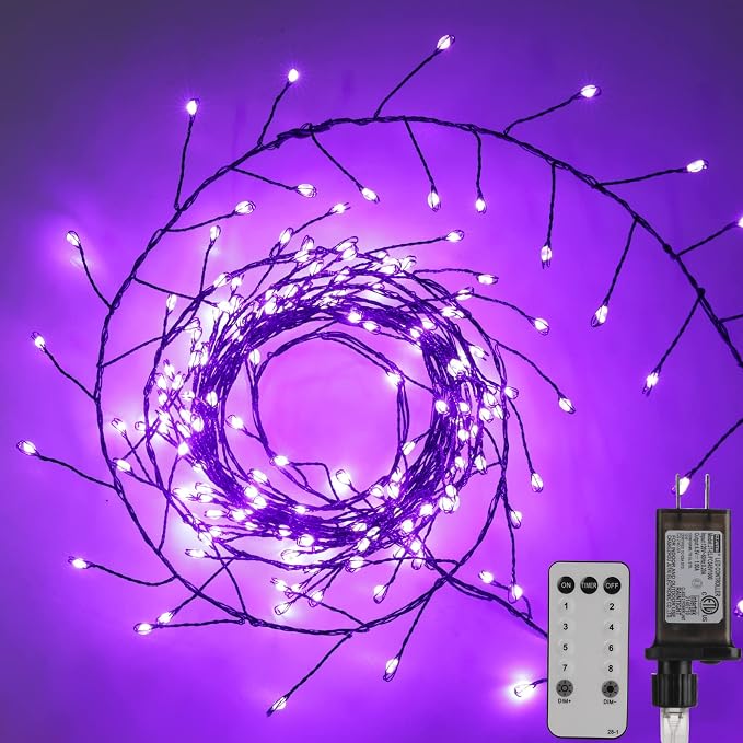 Halloween Fairy Lights Plug in, String Lights for Halloween Decorations | 10FT 200LEDs, 1 Pack with Remote, Purple, Waterproof Firecracker Lights for Ceiling Window Bar Haunted Theme Halloween Decor