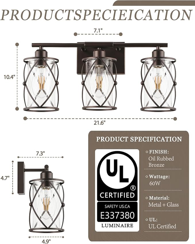 3-Light Oil Rubbed Bronze Bathroom Light Fixtures Over Mirror, 21" UL-Listed Modern Farmhouse Wall Sconce Lights with Clear Glass and Metal Cage for Bath, Hardwire E26, CH9176ORB-3W