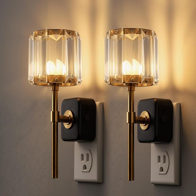 L LOHAS LED Night Lights Plug into Wall,Crystal Acrylic Cylinder Nightlight | 2 Pack Dusk to Dawn Sensor Night Light with 180° Rotating, Round Platform ,0-100LM Dimmable, for Bedroom Living Room Hallway