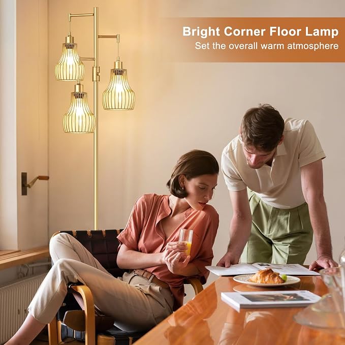 Ziisee Dimmable Gold Floor Lamps for Living Room, 70" Farmhouse Tree Standing Tall Lamps with 3 Elegant Cage Shade & 800 Lumens LED Bulbs for Bedroom Office