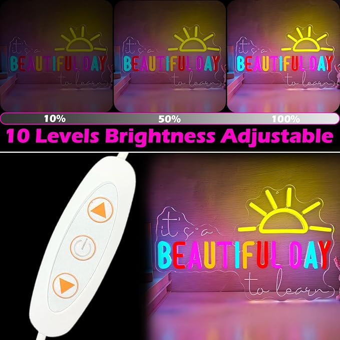 It's A Beautiful Day to Learn Neon Sign Classroom Neon Light for Library USB Powered Reading LED Signs for Classroom Reading Corner Colorful Study Noen Wall Art for Kids Teacher Beautiful Day Gifts for Back to School