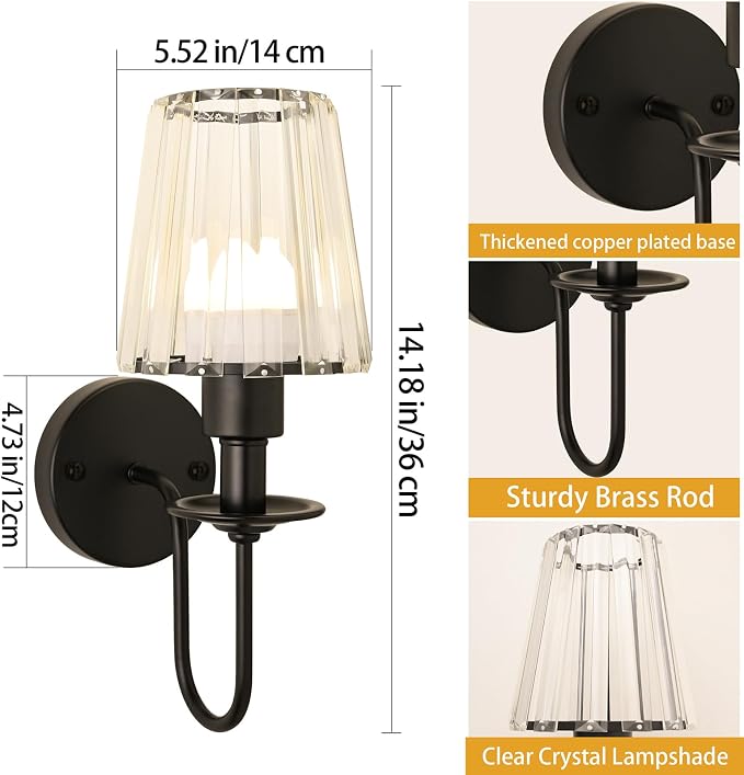 Battery Operated Wall Sconces Set of 2, Black Crystal Wall Lights | 5200mAh rechargeable wall lights with magnetic bulbs, remote control, 15 colors, 10-level dimming and timer for bedrooms