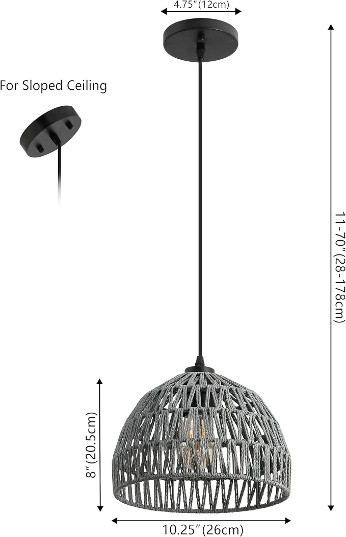 JONATHAN Y Campana 1-Light Pendant Dome Ceiling Lamp, 10.25", Gray | Modern Coastal Farmhouse Decor, Adjustable Height, Woven Rope Metal Frame, LED Bulb Included, UL Listed