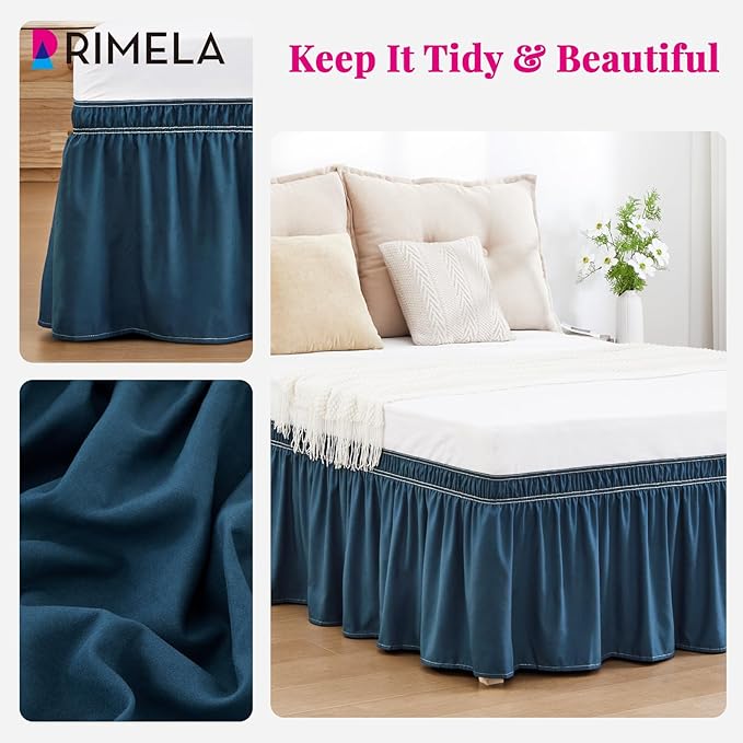 RIMELA Dusty Navy Bed Skirt King Size 18 Inch Drop, Wrap Around Elastic Bedskirt, Dust Ruffle for Adjustable Bed Base Machine Washable Easy to Install Bed Skirts