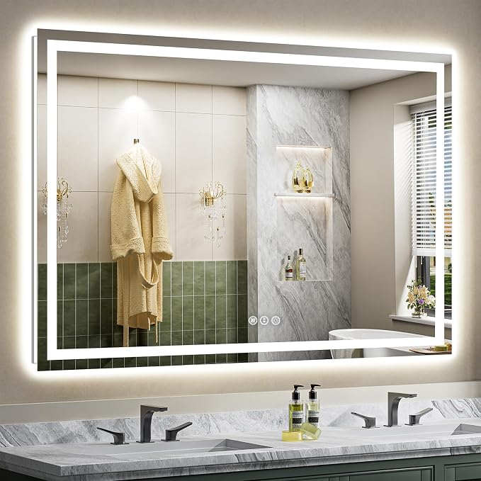 66x40 Inch LED Bathroom Mirror with Lights, Backlit & Front Lit | Anti-fog, 3 Color Dimmable, Memory Function, HD Reflection Tempered Glass, ETL Listed, IP54 Waterproof