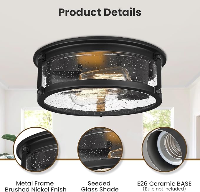 Farmhouse Black Flush Mount Ceiling Light Fixtures with Seeded Glass | Lampshade & Metal Frame, 2-Light Industrial Close to Ceiling Light for Kitchen, Hallway, Entryway, Bedroom, Forer, Entryway