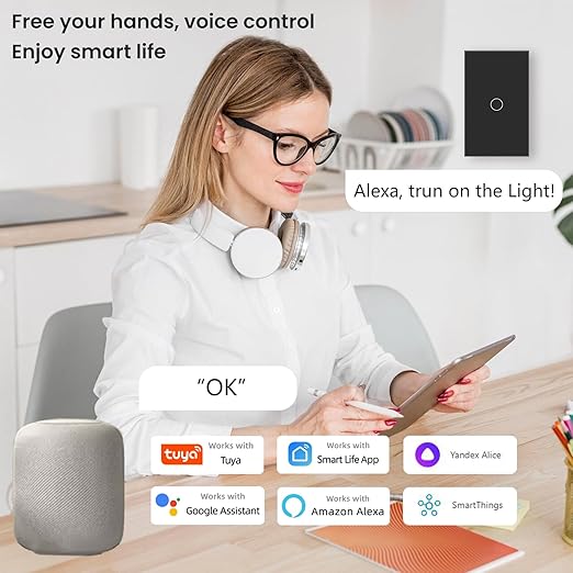 WiFi Smart Light Switch,1-Button Single Gang 2.4GHz Wi-Fi Touch Switch, Neutral Wire Required,Work with Smart Life/Tuya App and Alexa,Black