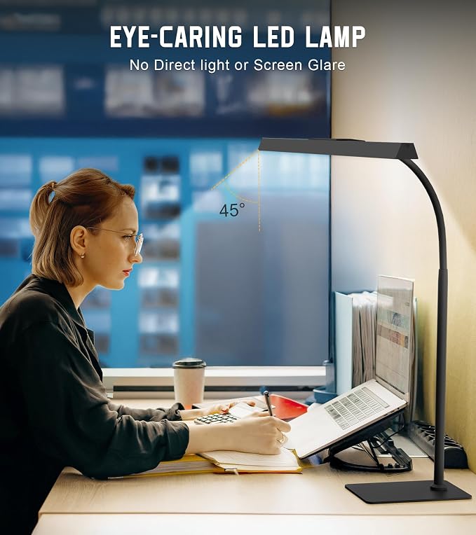 LED Desk Lamp for Home Office with Base, Eye-Caring Desk Light 12W | Tall Lamp for Computer Monitor Task Reading, Adjustable Gooseneck, 5 Dimmable Brightness & Color, USB Touch Control, Timer