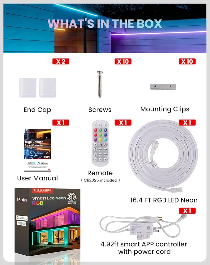 Smart LED RGB Neon Rope Lights AC 120V, ETL Expandable Color Changing Dimmable with Remote Compatible with Alexa, Google Assistant, Cold-Resistant & IP65 Waterproof, 8x16 mm, 16.4FT