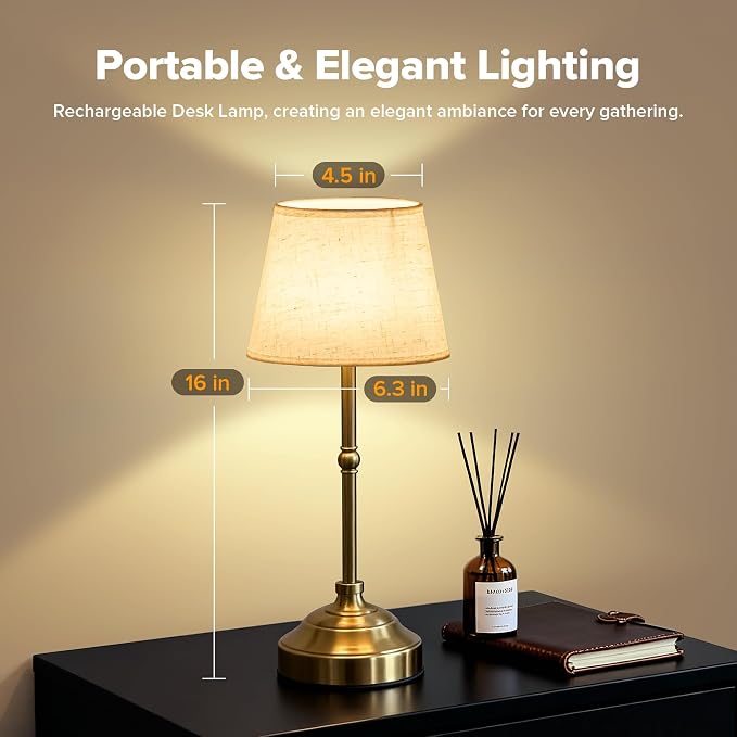 2 Pack Cordless Table Lamp, Rechargeable Desk Lamp with Fabric Shade, Battery Operated 3 Color Stepless Dimming, Small Touch Bedside Lamp Home Decor for Dining, Counter(Brushed Gold)