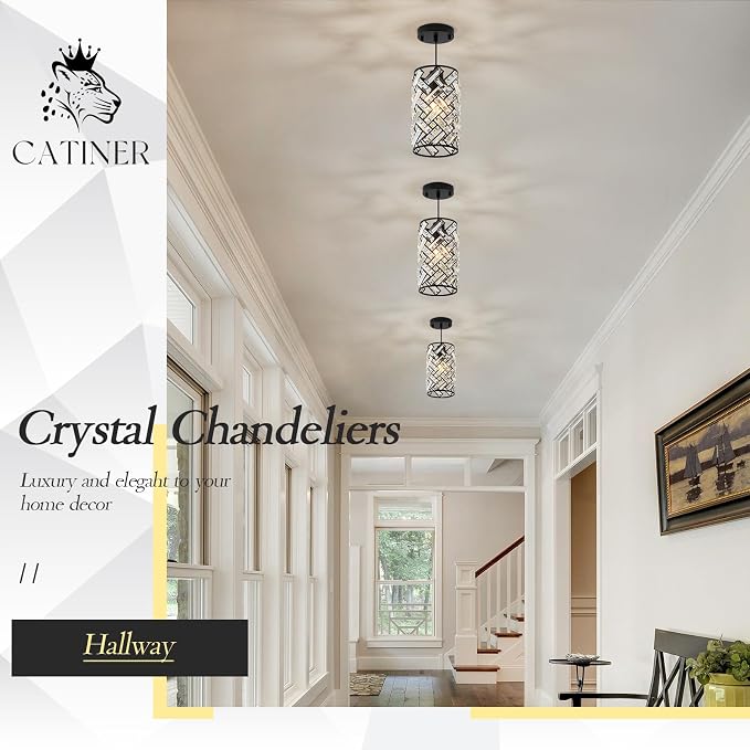 CATINER Black Crystal Pendant Light, Mini Kitchen Island Hanging Light, E26 | Black crystal pendant light with adjustable cord, E26 socket, dimmable for kitchen islands, dining rooms and hallways
