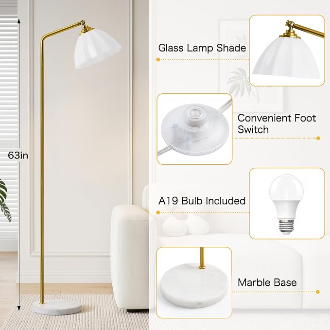 Floor Lamps for Living Room, 63" Modern Tall Standing Lamp, 3CCT | Lamps for Bedroom, Office, Reading Nook, Kids Room, Glass Lampshade, Foot Switch, Weighted Base, Easy Assembly, Home Decor