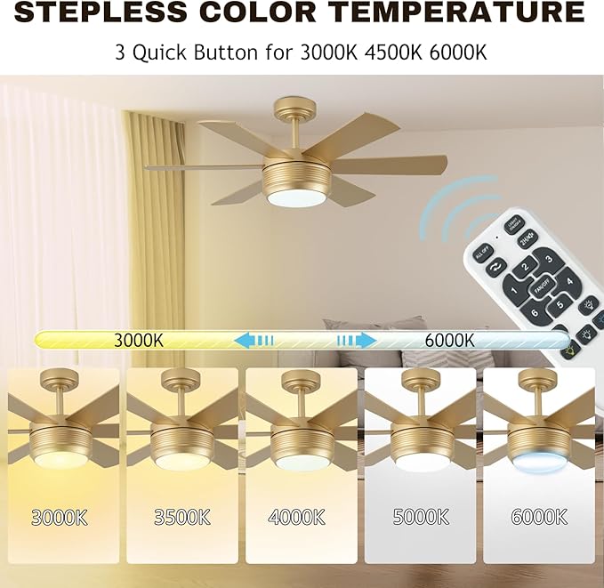 SHOWDI Ceiling Fan with Lights and Remote, 6 Blade App Control Timer Reversible Stepless Brightness and Color Temperature Outdoor Wood Ceiling Fan with Lights (Gold, 42 Inch)