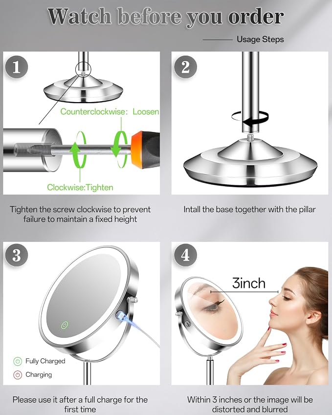 1X/30X 8" Magnifying Makeup Mirror with Lights Height Adjustable for Desk | 3000mAh Rechargeable Lighted Magnifying Mirror Double Sided Vanity Mirrors with 3 LED Lighting Touch Dimmable for Women Gift