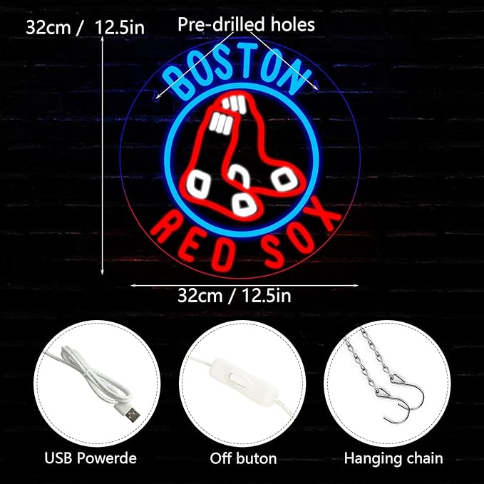 WonderfulLife Red Sox Neon Sign for Boston Baseball Team Logo,Led Neon Lights for Sports Man Cave Bar Office or Living Room Decor,Perfect Gifts for MLB Fans.