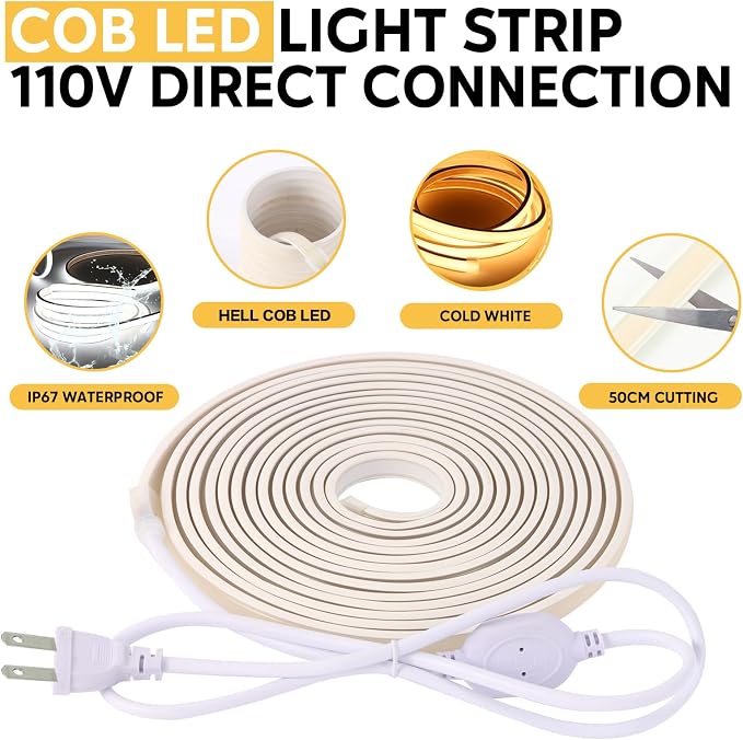 AC 110V 120V LED Strip Lights 3.28 Feet Outdoor Rope Lighting | 1M Cuttable LED Strips IP67 Flexible Waterproof Light Strip 3000K Warm White for Bedroom Outdooor Indoor Home Decor