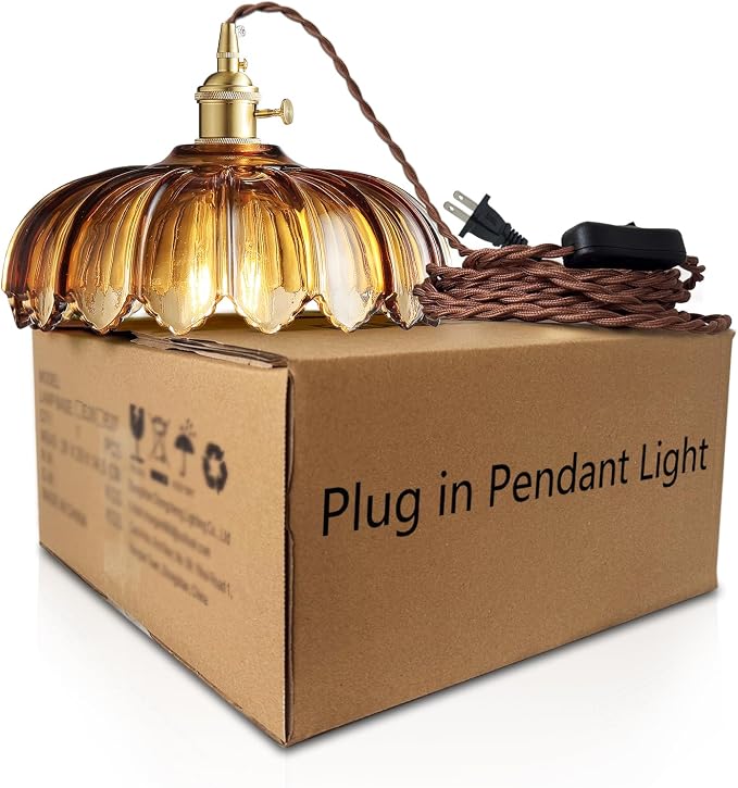XZHGCEE Plug in Pendant Light: Amber Glass Hanging Lamp Plug in, 14.7ft Swag Lamp Cord with On/Off Switch for Kitchen Island/Dining Room/Bedroom/Living Room Hanging Light, No Bulb
