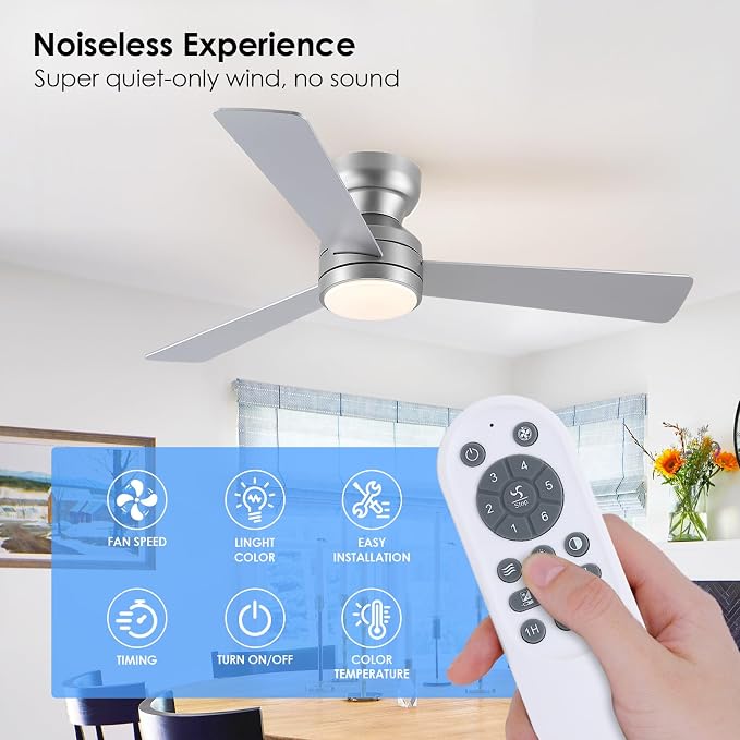 Asyko 46" Brown Modern Low Profile Ceiling Fans with LED Lights and Remote | Flush Mount,Reversible 6 Wind Speeds, Dimmable 3 CCT LED Light, 25W Quiet DC Motor,3 Double-Sided Blades,for Bedroom Kitchen