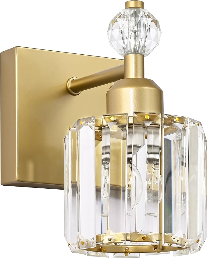 PRESDE Single Crystal Wall Sconce, Modern Gold Vanity Light Fixture, 1-Light Wall Lamp for Bathroom Bedroom Hallway
