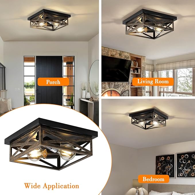 2Pack Rustic Flush Mount Ceiling Light Fixture, Modern Farmhouse Light Fixture, Kitchen Hallway Light Fixtures for Bedroom,Dining Room Entryway,Industrial Metal Cage Ceiling Light