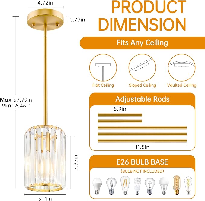 Gold Pendant Light, Modern Crystal Pendant Lights Kitchen Island, Kitchen Island Lighting with Adjustable Height, UL Certified Island Lights for Kitchen Dining Room Bedroom Hallway 2 Pack