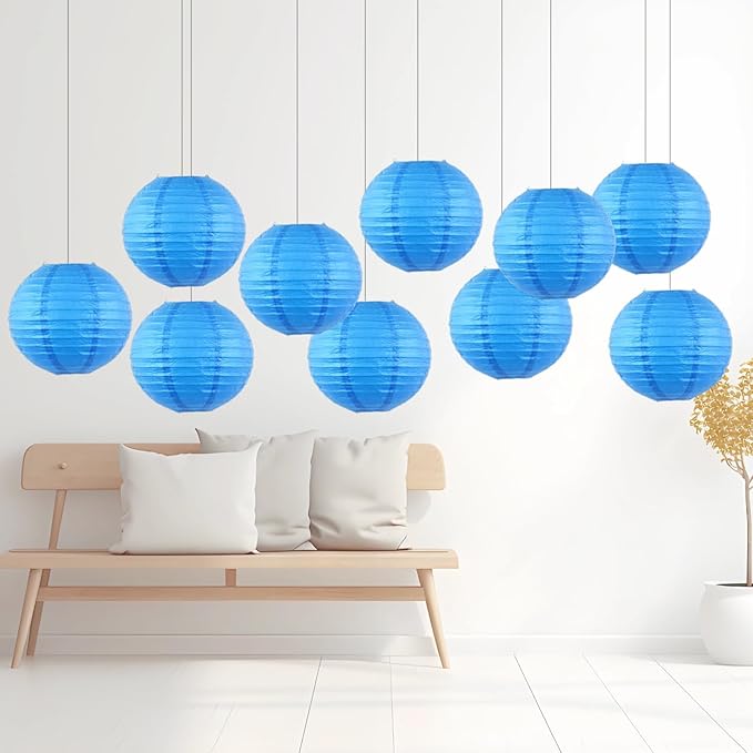 Chinese Paper Lanterns - Pack of 10, 10-Inch Blue Hanging Lights for Birthday Party Decorations, Ceiling Decor, Rainbow Classroom, Wedding, and Home Party