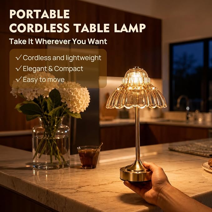 Flower Battery Operated Rechargeable Lamp Cordless, Petal, Amber | Small, Vintage, Gold, Wireless, LED, Dimmable, Table, Home Decor, Bedroom, Bedside, Nightstand, Birthday Gifts for Women