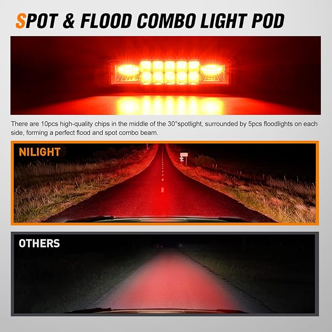 Nilight 6 Inch Red LED Light Pods 2 PCS 60W Flood Spot Combo Beam Off Road Driving Fog Fishing Hunting Emergency Safety Signal Trailer Lighting for 12V 24V ATV UTV Pickup Truck Tractor Boat