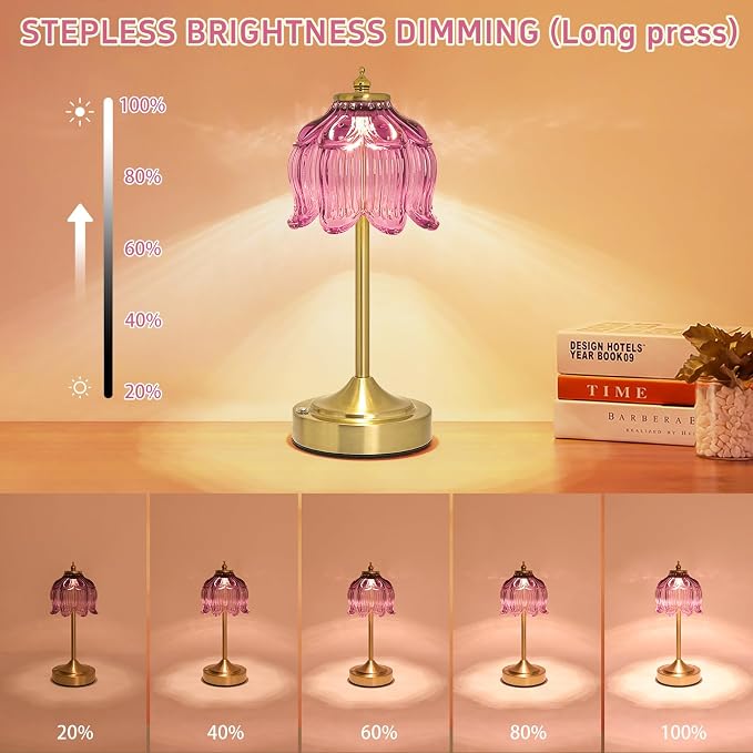 Cordless Table Lamp, Rechargeable Purple Glass Lotus Flower Lamp | 5200mAh touch lamp with 3 color modes and stepless dimming, battery operated lamp for nightstands and kitchen counters